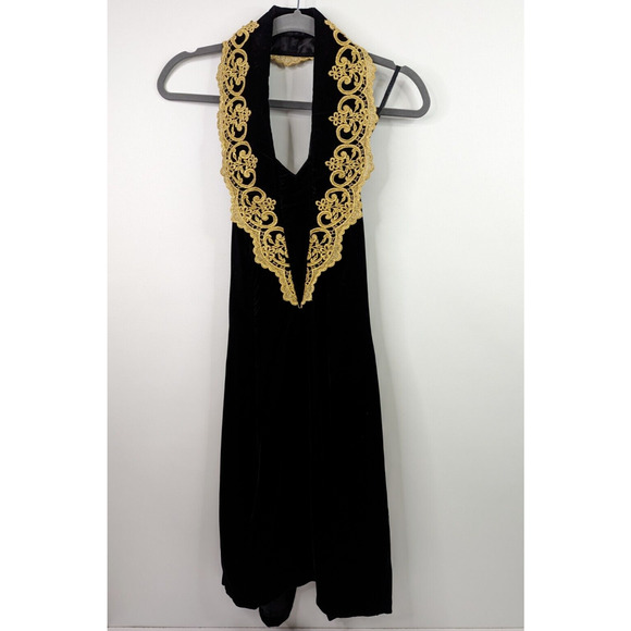 Jessica McClintock Dresses & Skirts - Jessica McClintock Gunne Sax 7/8 Black Velvet Gold Applique Halter Mini Dress 90